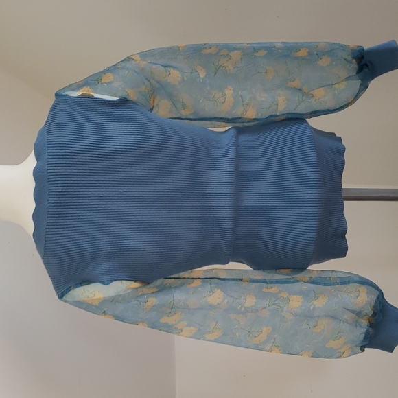 SIONI blu knit with Sheer floral Long Sleeves Sweater Top Cornflower blue Size S - Picture 5 of 16